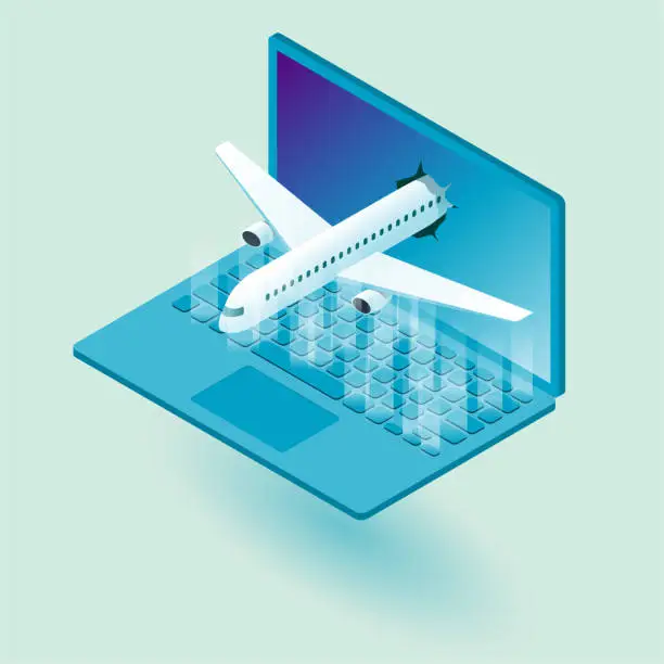 Vector illustration of The airliner passes through the laptop and the computer keyboard glows.