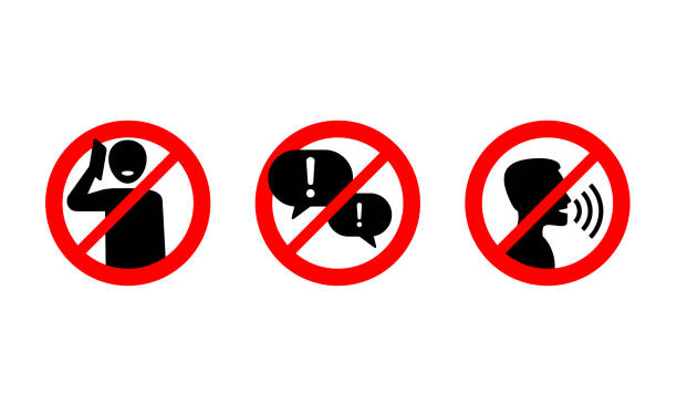Quiet please  icons set No phone talking, silence please, keep quiet - prohibition vector sign in three variations - vector icons set finger on lips stock illustrations