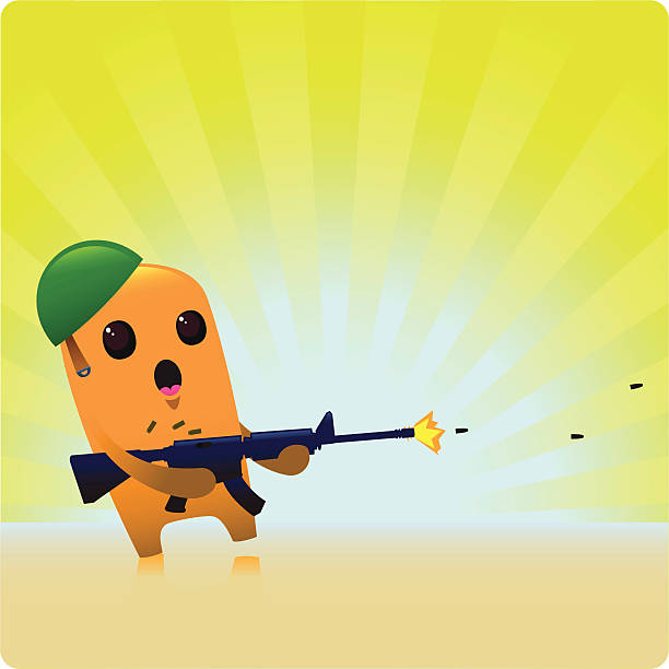 ilustraciones, imágenes clip art, dibujos animados e iconos de stock de linda soldier carácter máquina de disparo de pistola - firing squad