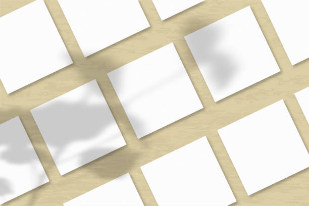 istock Several square sheets of white textured paper against a yellow wall background. Natural light casts shadows from an exotic plant. Flat lay, top view 1248817768