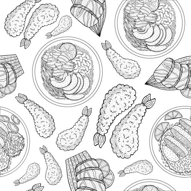 Vector illustration of Beautiful japanese food, great design for any purposes. Doodle line drawing vector seamless pattern. Trendy menu texture. Sketch drawing. Japanese and asian food background. Business concept.