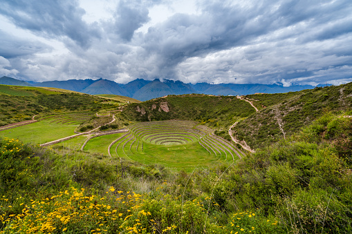 Circular Inca terraces of Moray, an archaeological site in the Sacred Valley, Cusco Region, Peru, South America.