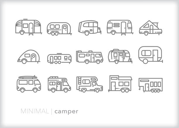ilustraciones, imágenes clip art, dibujos animados e iconos de stock de conjunto de iconos de línea de autocaravana - rv