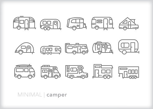 Set of 15 camper, RV and trailer line icon set for travel and vacation