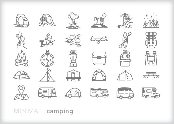 ilustraciones, imágenes clip art, dibujos animados e iconos de stock de conjunto de iconos de la línea de camping - rv