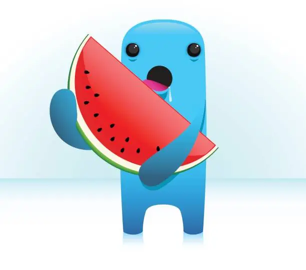 Vector illustration of Cute Character Licking Watermelon Slice