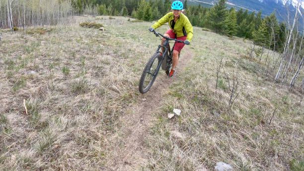 istock Female mountain biker rides e-bike along mountain ridge 1248837833