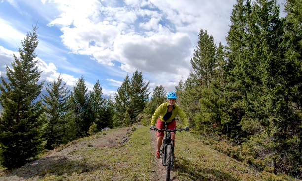 istock Female mountain biker rides e-bike along mountain ridge 1248840695