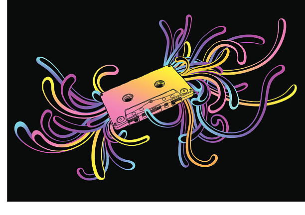Old Tape Casette Abstract Background a cassette compositon with electrified colors and flowing graphics. clipping objects are complete, suitable for editing. mixtape stock illustrations