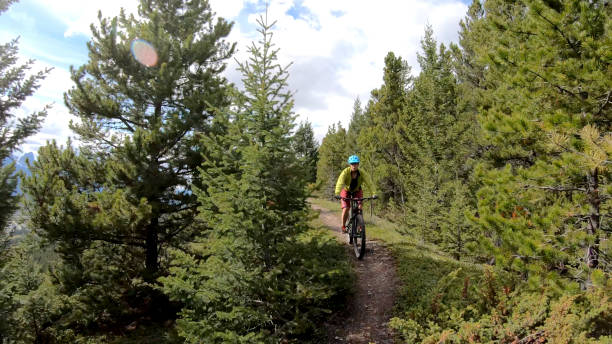 istock Female mountain biker rides e-bike through forest 1248841347