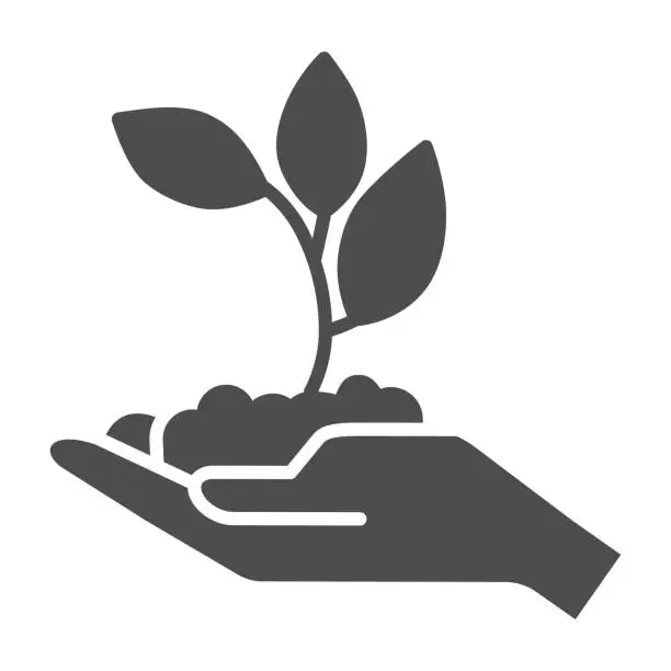 Vector illustration of Young sprout with three leaves in hand solid icon, ecology concept, seedling with handful of soil on hand sign on white background, young growth icon in glyph style for mobile. Vector graphics.