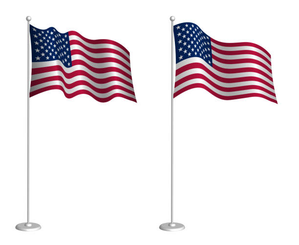 旗杆上的美國國旗在風中飄揚。假日設計項目。地圖符號的檢查點。白色上的隔離向量 - 旗杆 幅插畫檔、美工圖案、卡通及圖標