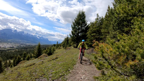 istock Female mountain biker rides e-bike along mountain ridge 1248841414