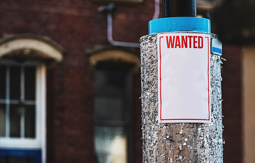 A wanted poster stapled to a telephone pole.