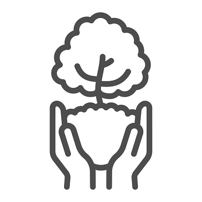 Tree in open hands with handful of soil line icon, ecological concept, caring for nature hands sign on white background, Hands holding young tree icon in outline style. Vector graphics