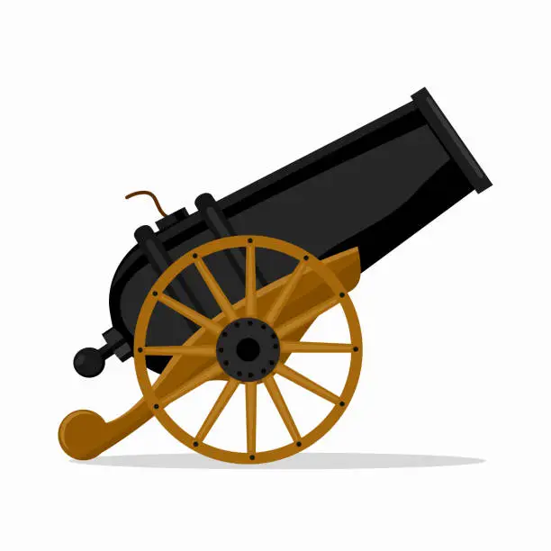 Vector illustration of Ancient horizontal cannon. illustration of ancient cannon shooting on a white background.medieval weapons