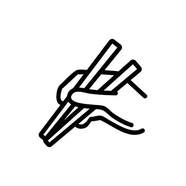 ilustrações de stock, clip art, desenhos animados e ícones de hand holding chopsticks icon vector outline illustration - hashis