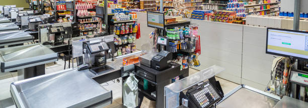 istock Cashier line empty in a supermarket 1248855405