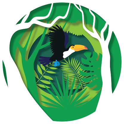 Toucan flying through paper cut out jungle scene. Paper cut style, vector stock illustration