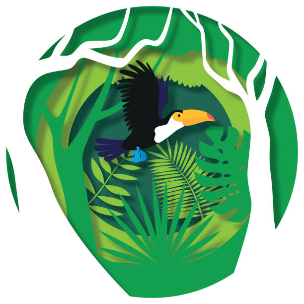 Toucan flying through paper cut out jungle scene. Paper cut style, vector stock illustration Toucan flying through paper cut out jungle scene. Paper cut style, vector stock illustration papercutting illustrations stock illustrations