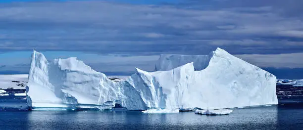 Close-up of large icebergs floating on seawater, , Antarctica.