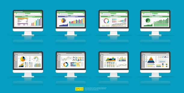 ilustrações, clipart, desenhos animados e ícones de gráficos analíticos de estatísticas da web no conjunto de ícones de tela do computador. infográfico de vetor plano e gráficos de tendência de planilhas relatam conceito de planejamento, contabilidade, análise, auditoria, gestão, marketing - spreadsheet