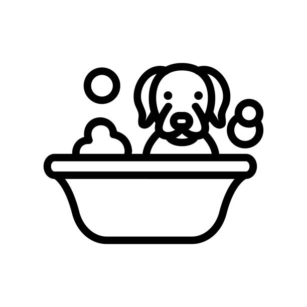 ilustrações de stock, clip art, desenhos animados e ícones de dog washing in bathtub icon vector outline illustration - dog bathtub washing puppy
