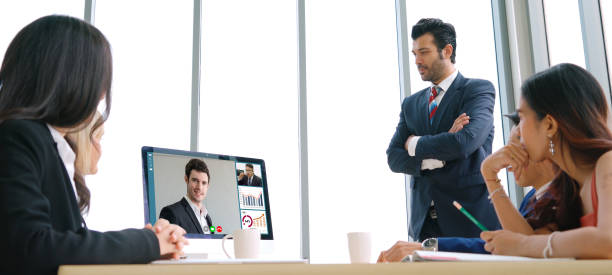 istock Video call group business people meeting on virtual workplace or remote office 1248869123