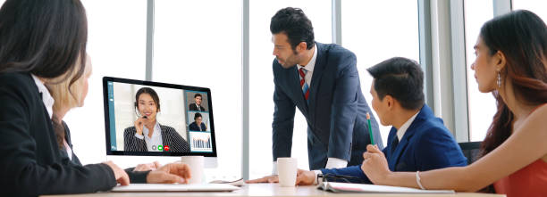 istock Video call group business people meeting on virtual workplace or remote office 1248869182