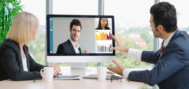 istock Video call group business people meeting on virtual workplace or remote office 1248869208