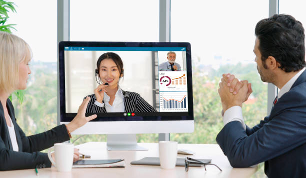 istock Video call group business people meeting on virtual workplace or remote office 1248869229
