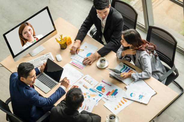 istock Video call group business people meeting on virtual workplace or remote office 1248869311