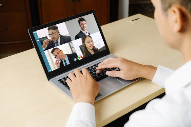 istock Video call business people meeting on virtual workplace or remote office 1248869330