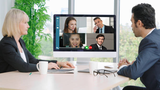istock Video call group business people meeting on virtual workplace or remote office 1248869332