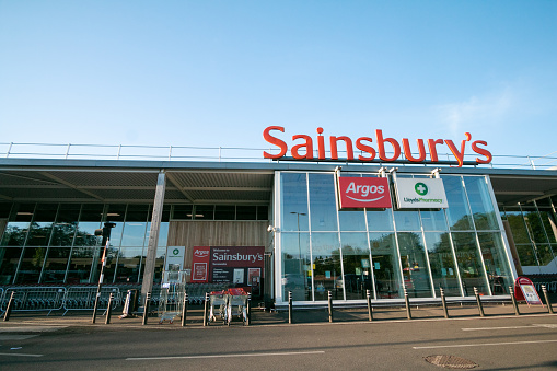 Sainsbury's in Otford, England, near Sevenoaks. Sainsbury's is a large retail supermarket and in this case encompasses Argos and Lloyd's Pharmacy
