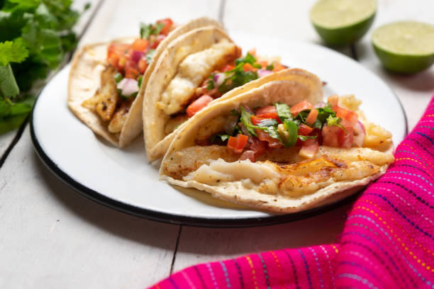 istock Mexican fish tacos also called Baja with fresh sauce on white background 1248871597