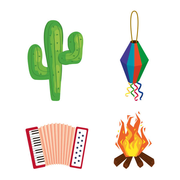 illustrazioni stock, clip art, cartoni animati e icone di tendenza di festa junina con festival, brasile giugno festival, icone set - cactus green environment nature