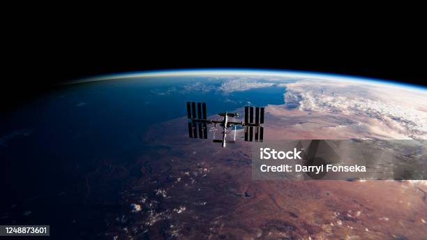 International Space Station Orbiting Earth In Space Spacex Nasa Research Iss Satellite Sunset View Low Orbit 3d Model By Nasa 3d Rendering Stock Photo - Download Image Now