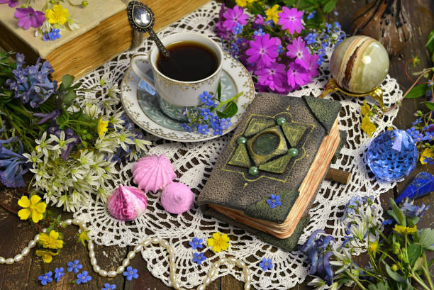 istock Still life with cup of coffee, witch diary and magic ball stone. 1248875626