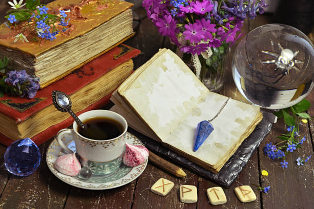 istock Still life with open diary with copy space, old cup of coffee and runes on witch table. 1248876286