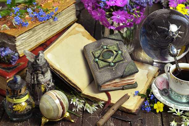 istock Still life with witch diary, potion bottles, crystal ball on witch table. 1248876471