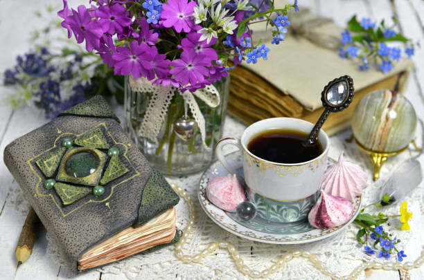istock Still life with adorable hand crafted diary, tea cup and wildflowers. 1248876493