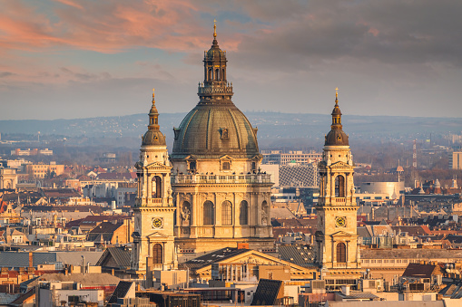 Colorful sunset twilight over the famous roman catholic neo-classical Saint Stephen Basilica in Downtown Budapest, Hungary, Eastern Europe