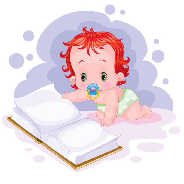 illustrazioni stock, clip art, cartoni animati e icone di tendenza di bambino carino in un pannolino e con un ciuccio in bocca sfogliando un grande libro, un quaderno che giace sul pavimento, un oggetto isolato su sfondo bianco, illustrazione di cartoni animati, illustrazione vettoriale, - childrens literature