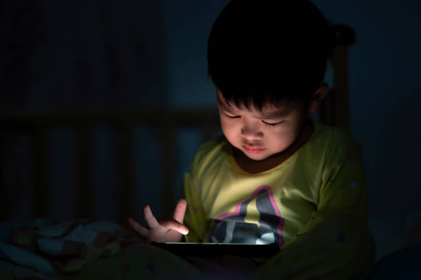 istock Eye close up Little boy are watching video in tablet on bed 1248877370