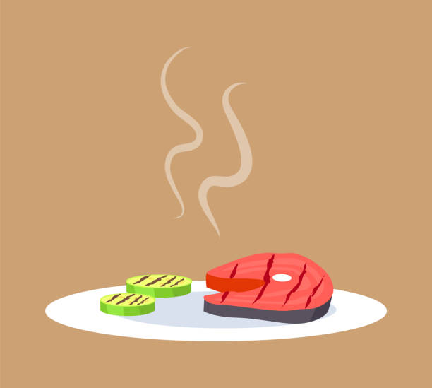 illustrazioni stock, clip art, cartoni animati e icone di tendenza di illustrazione vettoriale di bistecche e verdure cotte - cooked barbecue eating serving