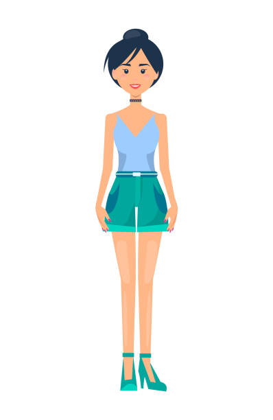 illustrations, cliparts, dessins animés et icônes de femme de mode dans les vêtements d’été, affiche colorée - short necklace