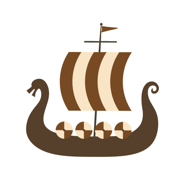 wikinger-schiff-logo, kindliche skandinavische vektor hintergrund - viking mascot warrior pirate stock-grafiken, -clipart, -cartoons und -symbole