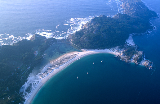 Aerial photo of the beach of Rodas in the Cies islands in Vigo Galicia Spain