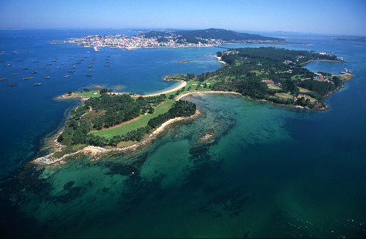 Aerial photo of the island of A Toxa, La Toja, in Rias Baixas region in Galicia Spain